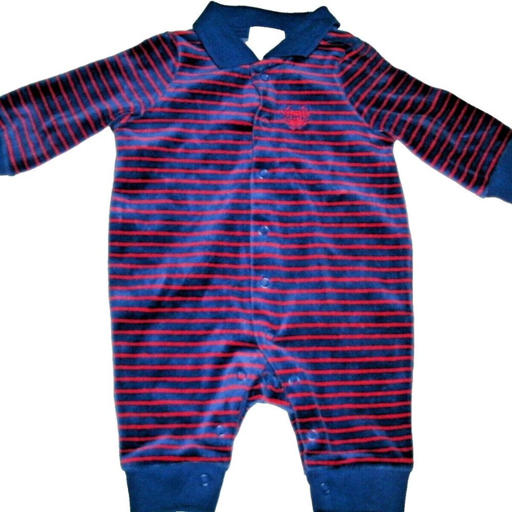 Chaps Boys Romper Velour Polo Newborn Baby Red Blue Stripe Snaps New